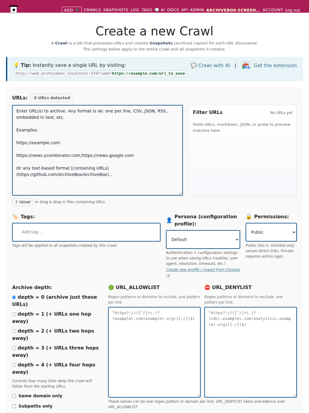 Archive depth, domain and subpath scope, URL allowlist, and URL denylist options on the Add page