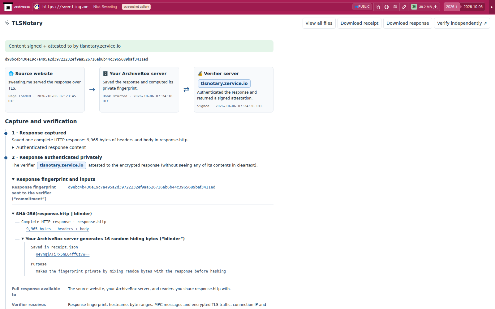 TLSNotary output verifying an archived response on the snapshot details page